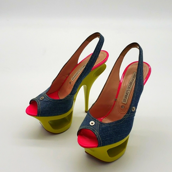 GIANMARCO LORENZI SIZE 39 COLOR BLUE JEANS MATIREAL HOT PINK AND LIME GREEN - Picture 4 of 12